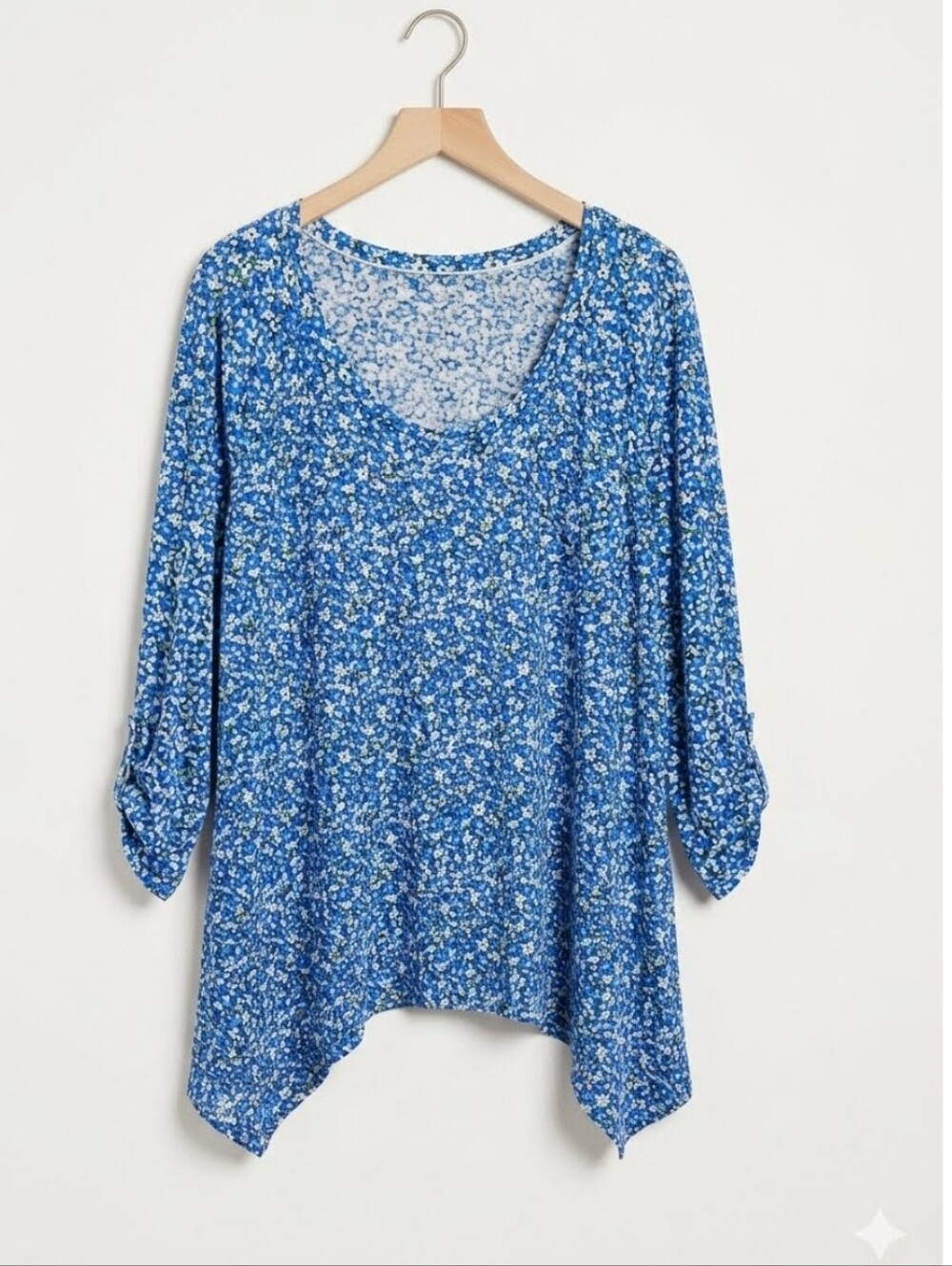 Beverly Drive women's blue floral casual plus size Roll Up Sleeves blouse 2X